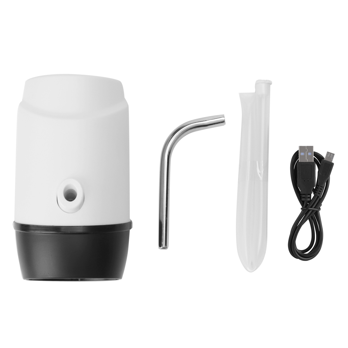 Weiße und schwarze Wasserspenderteile: Körper, Ausguss, Schlauch und USB-Kabel.