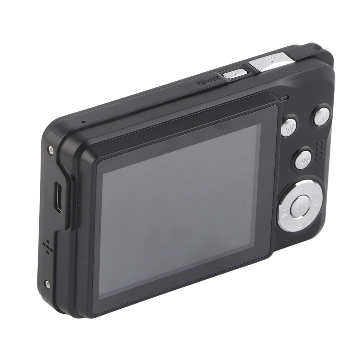 Schwarze Digitalkamera, angewinkelte Ansicht, Tasten und Bildschirm sichtbar.