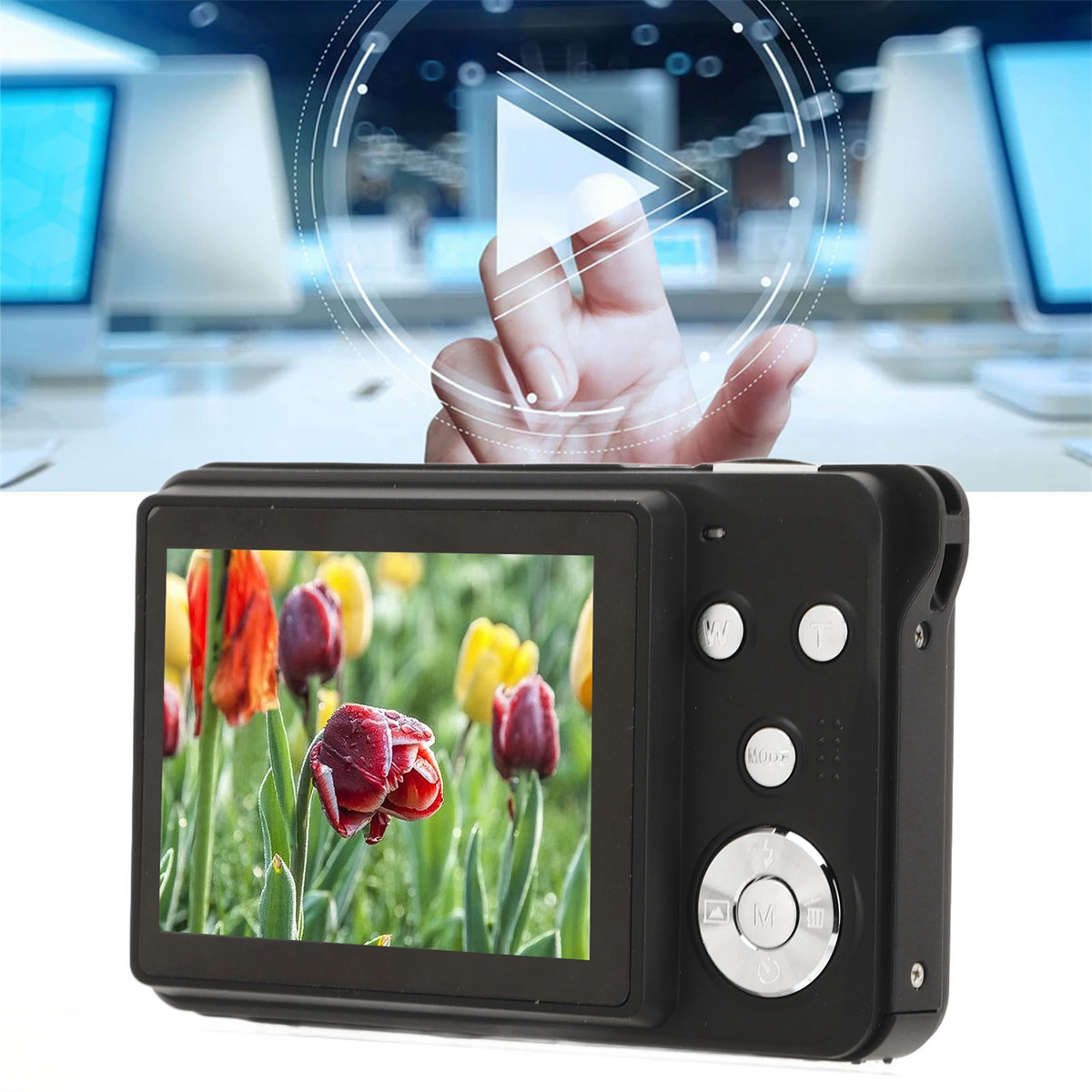 Schwarze Digitalkamera, die Nahaufnahme roter Blumen zeigt. Eine Hand schwebt darüber.