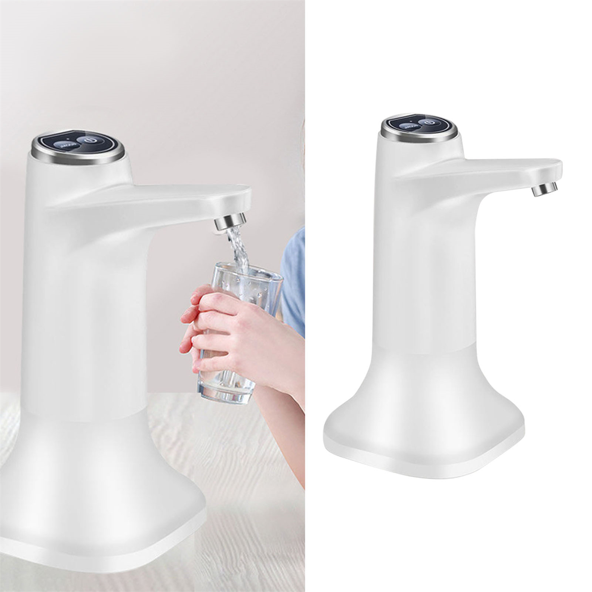 Weißer Wasserspender, Wasser fließt in ein Glas. Hand hält das Glas. Isolierter weißer Hintergrund.