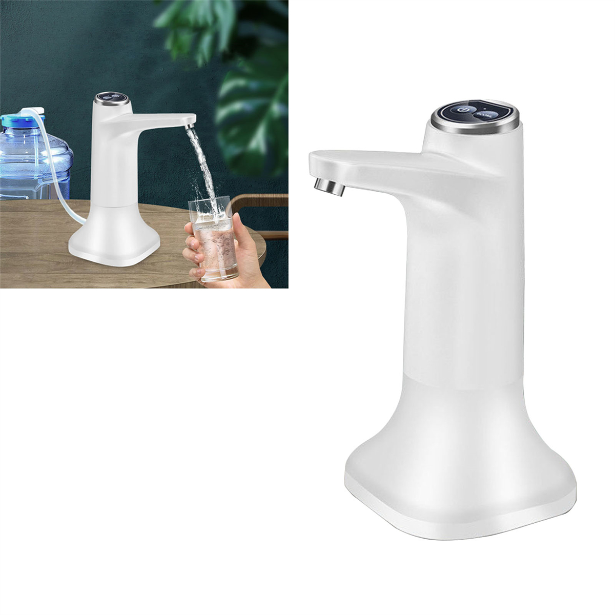 Weißer Wasserspender, der Wasser in ein Glas gießt. Eine Wasserflasche ist im Hintergrund.
