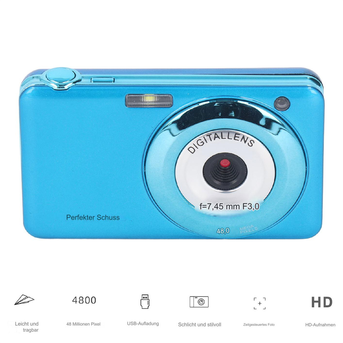 Blaue Digitalkamera mit glänzendem silbernen Objektiv. Sie hat Text und kleine Symbole.