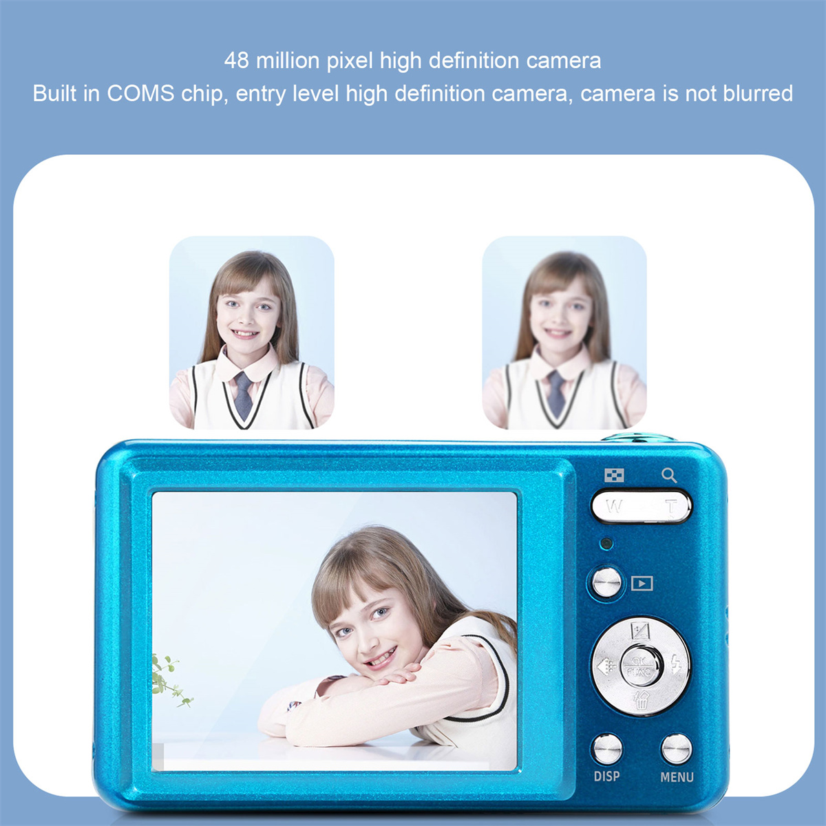 Blaue Digitalkamera mit Foto eines Mädchens auf dem Bildschirm und zwei ähnlichen Fotos darüber.