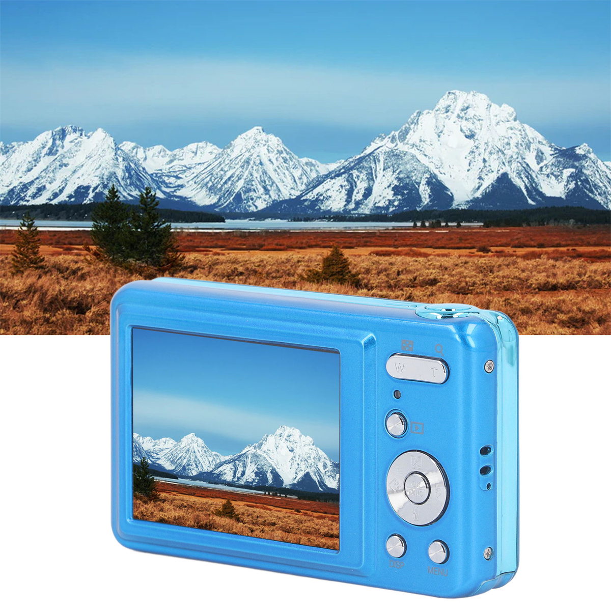Blaue Digitalkamera zeigt schneebedeckte Berge. Bedienelemente sichtbar. Hintergrund mit Bergen.