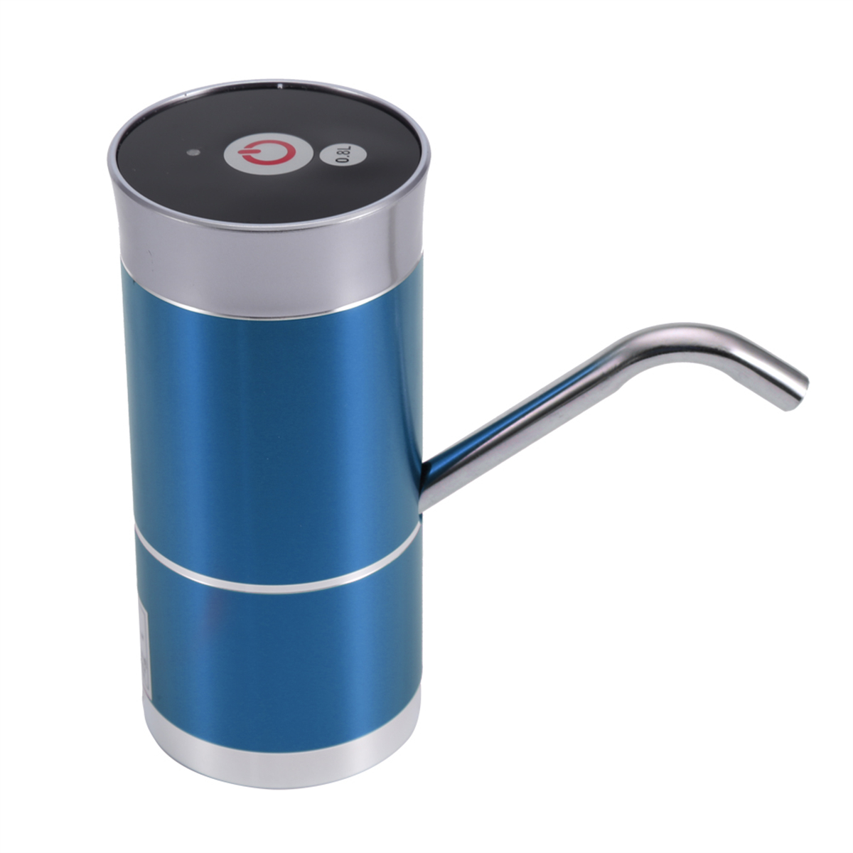 Eine blaue und silberne Wasserpumpe. Sie hat einen silbernen Ausguss und einen schwarzen Deckel mit Knopf.
