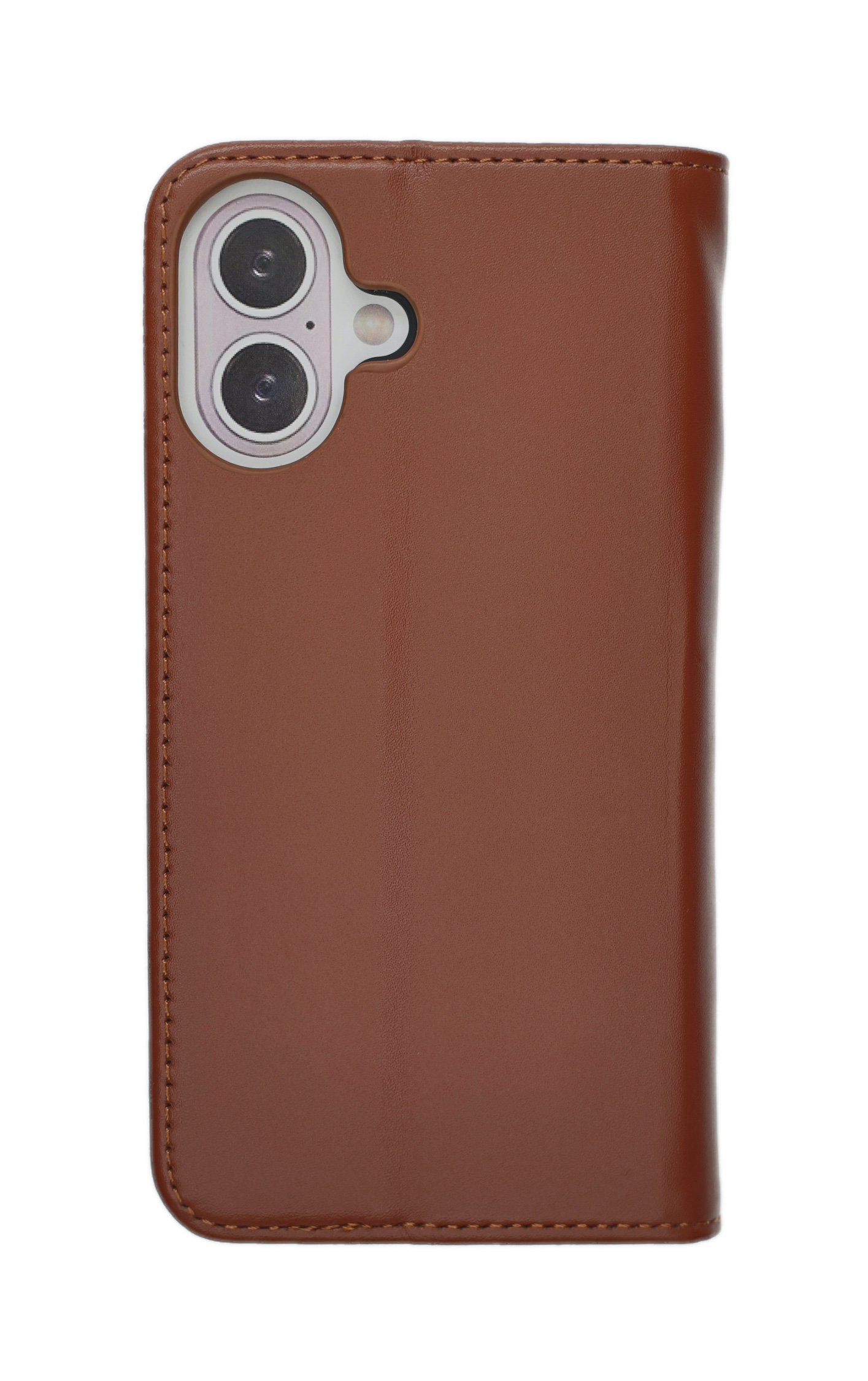 Braunes Leder-Handycase mit zwei Kameralöchern und der Rückseite eines Telefons.