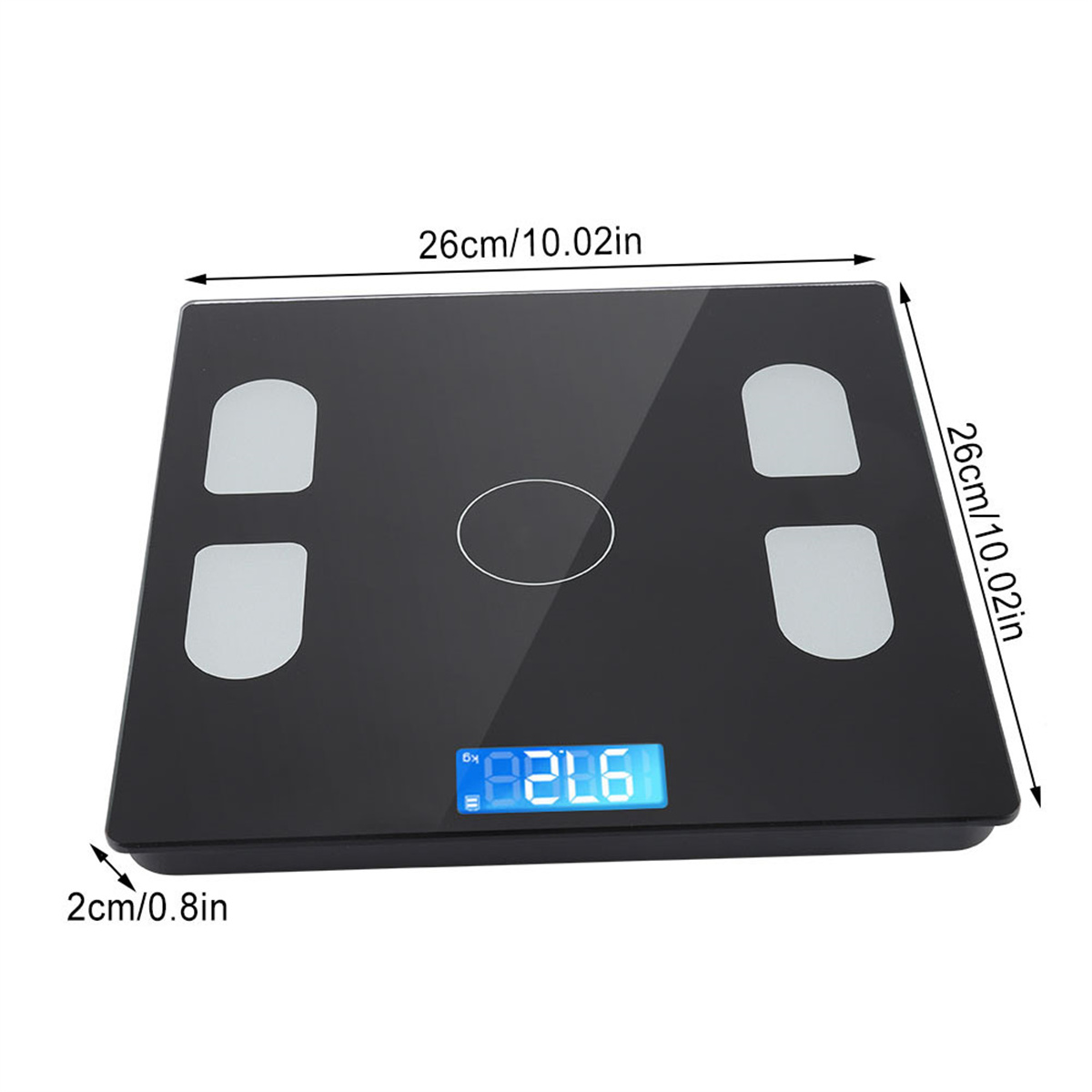 Schwarze Digitalwaage mit blauem Display und weißen Pads. Zeigt das Gewicht in Kilogramm an. 26cm x 26cm.