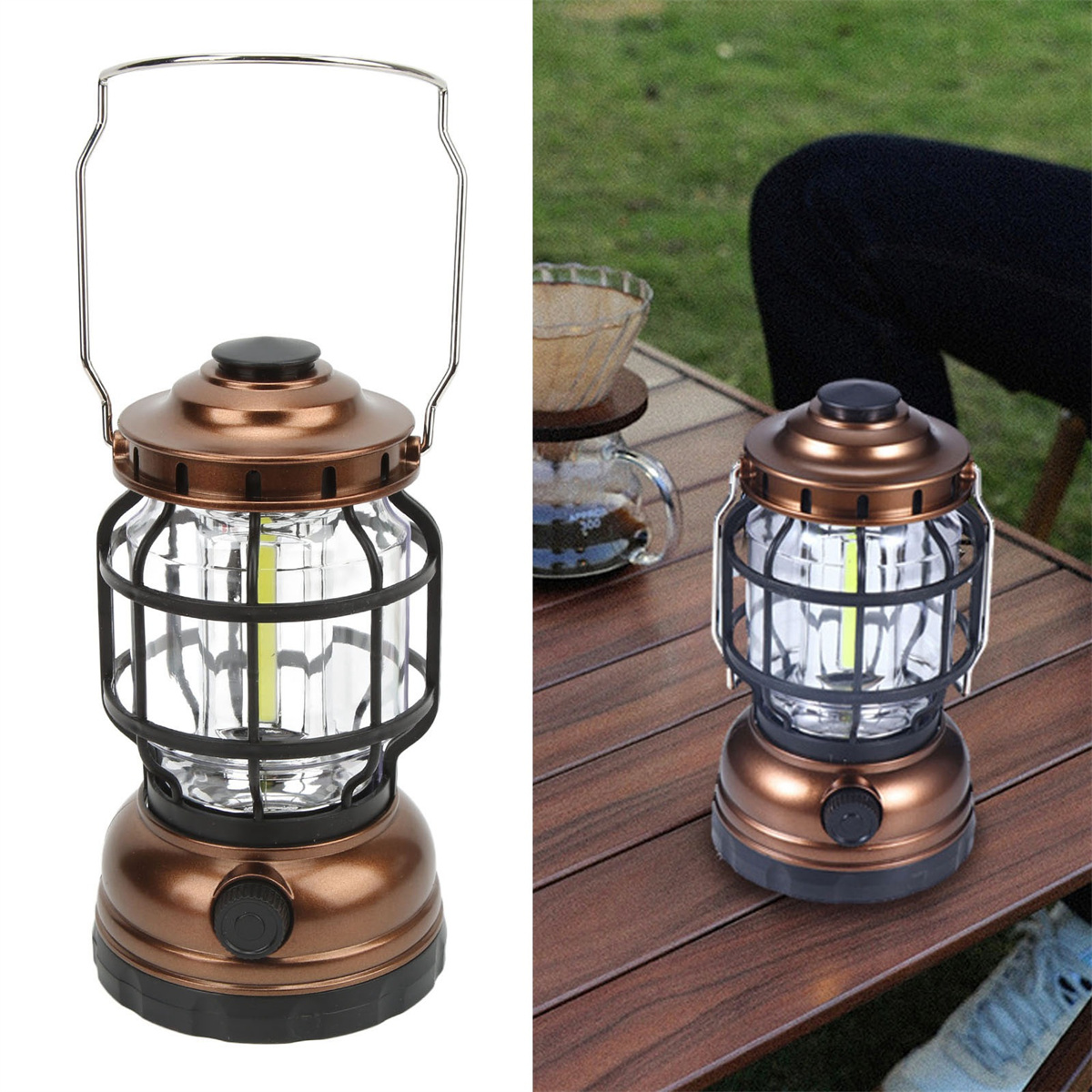 Eine bronzefarbene Campinglaterne auf einem Holztisch, mit Glas, das eine LED-Leuchte bedeckt.