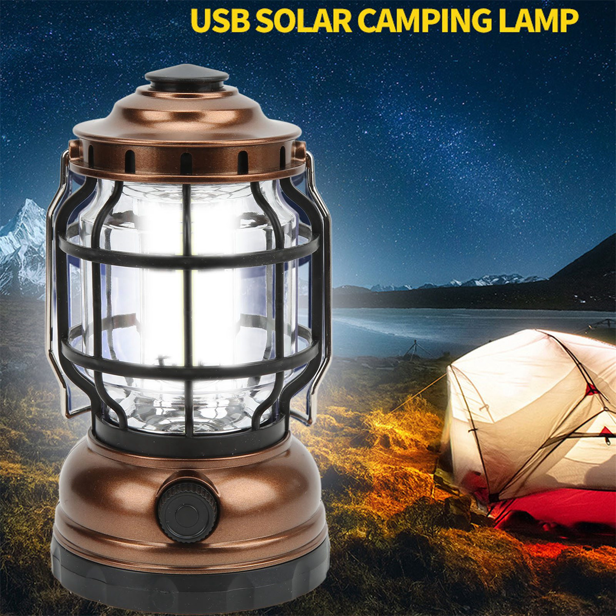 Bronze Campinglaterne mit hellem Licht, in der Nähe eines Zeltes unter Sternenhimmel.