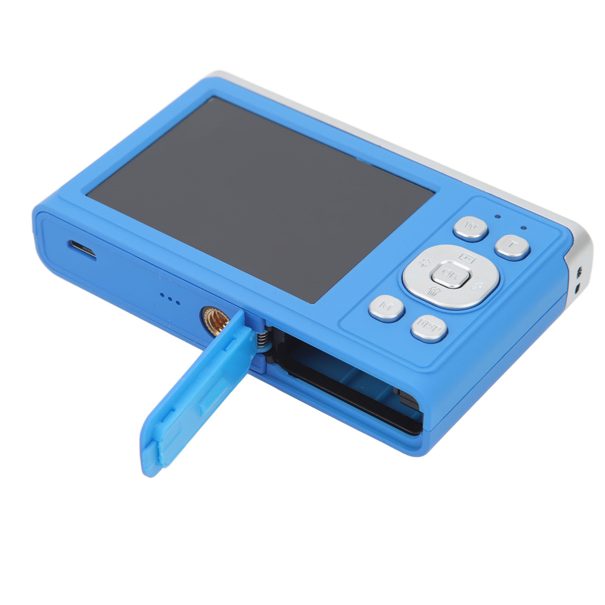 Eine blaue Digitalkamera mit schwarzem Bildschirm und offenem SD-Kartensteckplatz. Tasten oben.