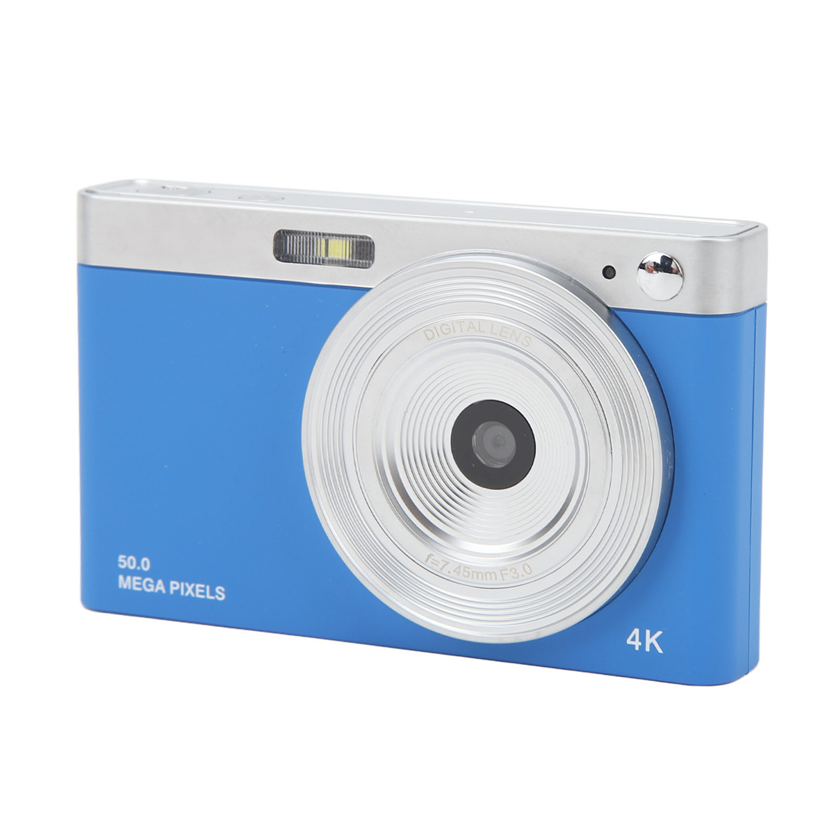 Blaue und silberne Digitalkamera mit '4K' und '50.0 MEGA PIXEL' Aufdruck. Silbernes Objektiv.