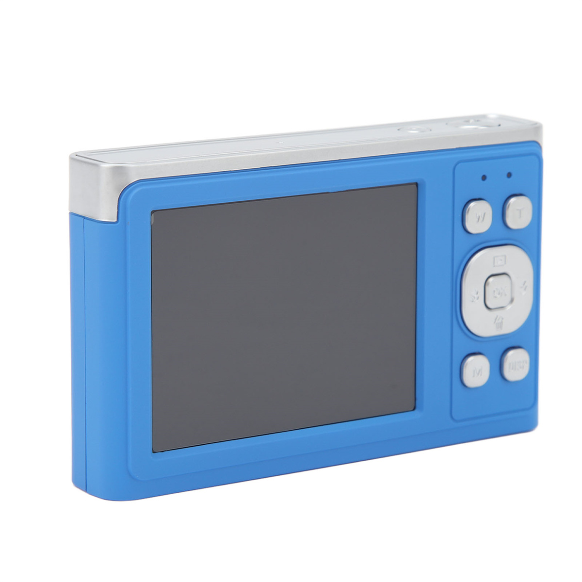 Blaue Digitalkamera mit Knöpfen und Bildschirm. Weißer Hintergrund. Silberner Rand.
