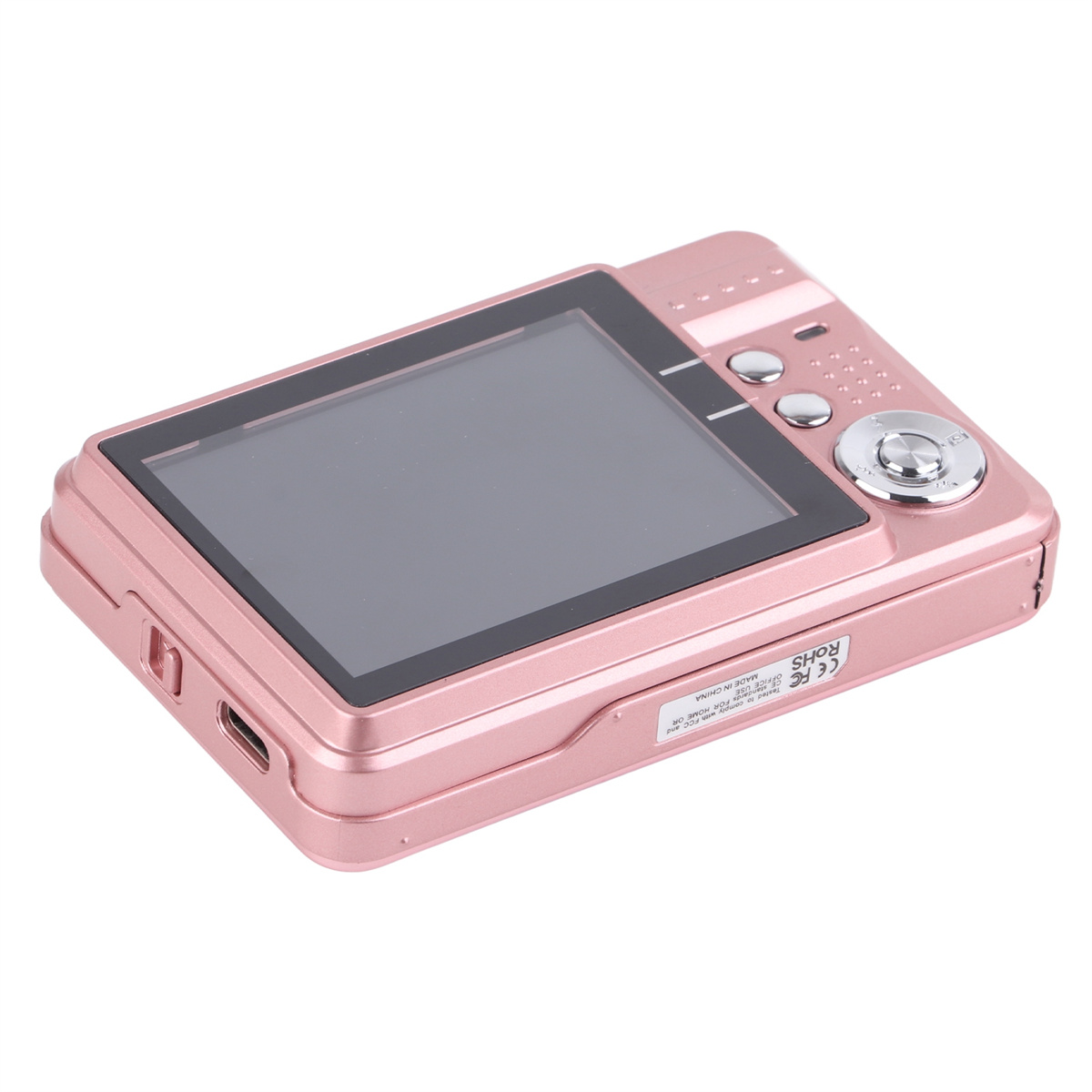 Eine rosa Digitalkamera mit Bildschirm und Knöpfen. Die Kamera steht auf einer weißen Oberfläche.