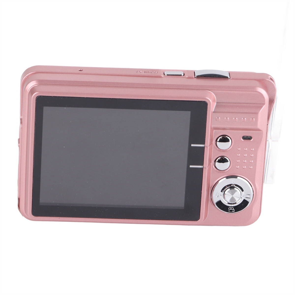 Rosa Digitalkamera mit schwarzem Bildschirm. Die Kamera befindet sich auf weißem Hintergrund.