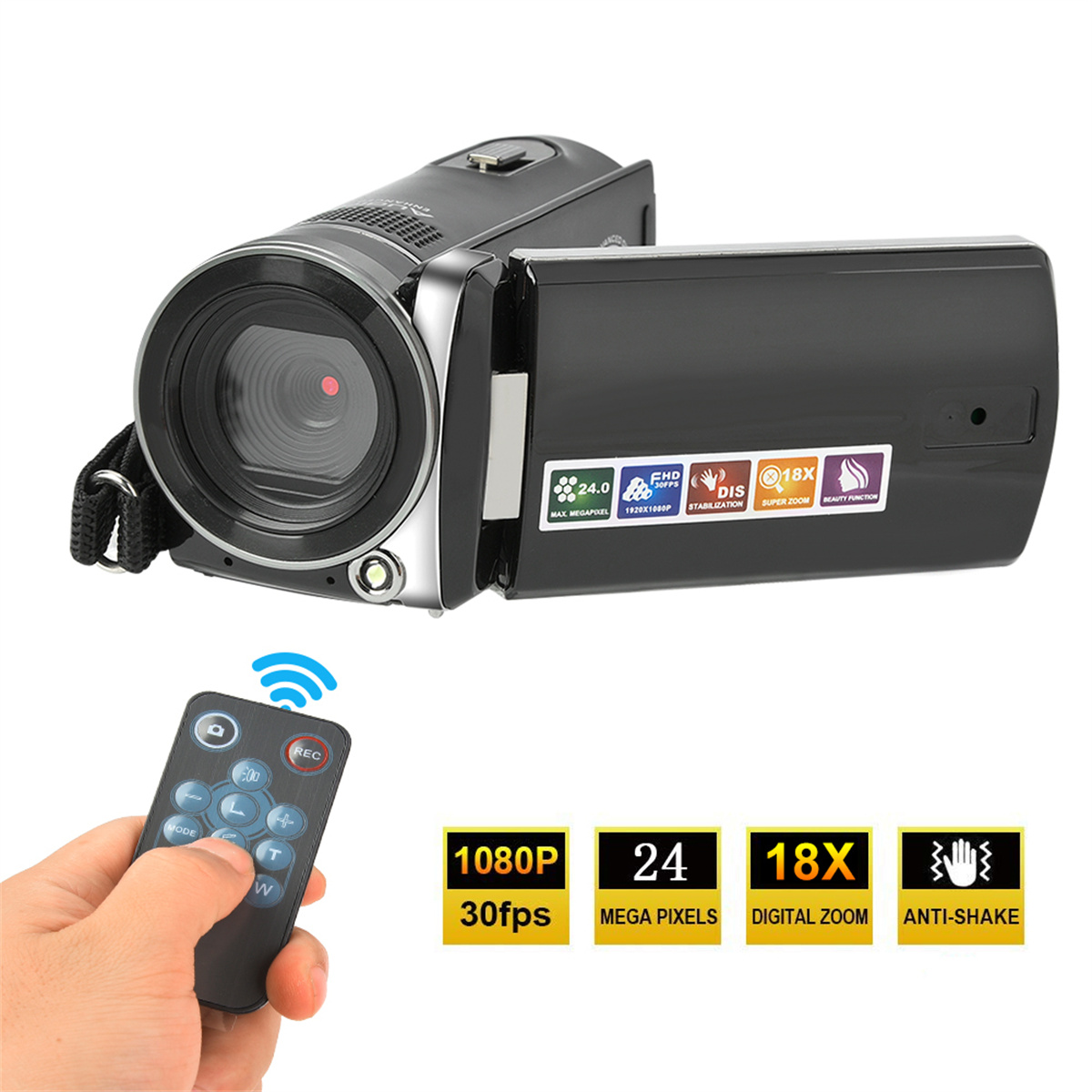 Schwarze Videokamera mit Objektiv, Knöpfen und Hand, die eine Fernbedienung hält. Zeigt 1080P, 24MP, 18X Zoom und Anti-Shake an.