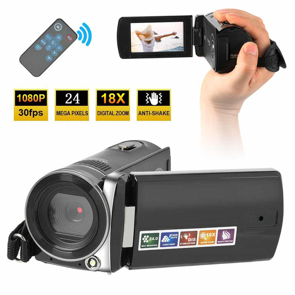 Eine schwarze Videokamera mit Bildschirm, der eine Person zeigt. Merkmale sind 1080P, 24MP, 18X Zoom und Anti-Shake.