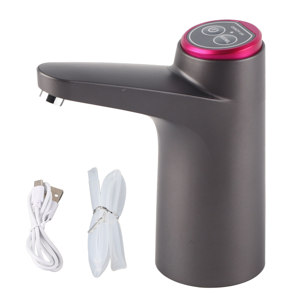 Grauer Wasserspender mit pinkfarbenem Deckel, weißem Kabel und Schläuchen. Isoliert auf weißem Hintergrund.
