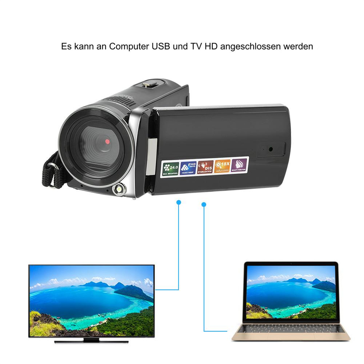 Schwarze Videokamera mit Bildschirm und Knöpfen. Verbunden mit einem Fernseher und einem Laptop.