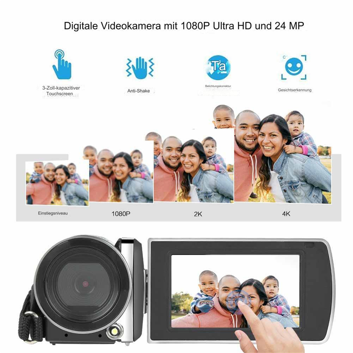 Kamera mit Familienfotos und Text: Digitale Videokamera. Außerdem Symbole für Funktionen.