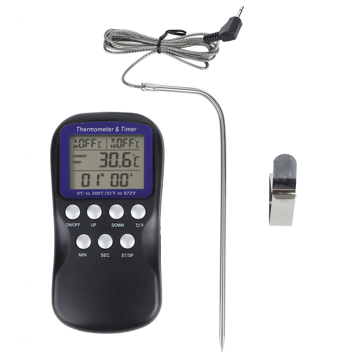 Schwarzes Thermometer und Timer mit Sonde auf weißem Hintergrund. Zeigt Temperatur und Zeit.