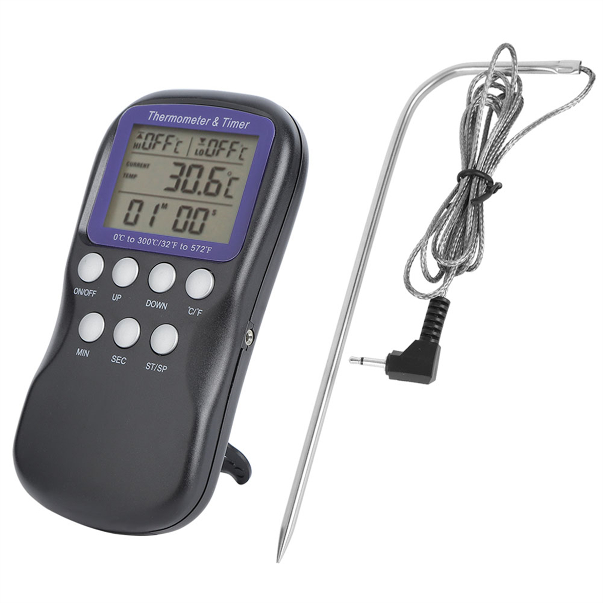 Digitales Thermometer und Timer mit angeschlossener Sonde.