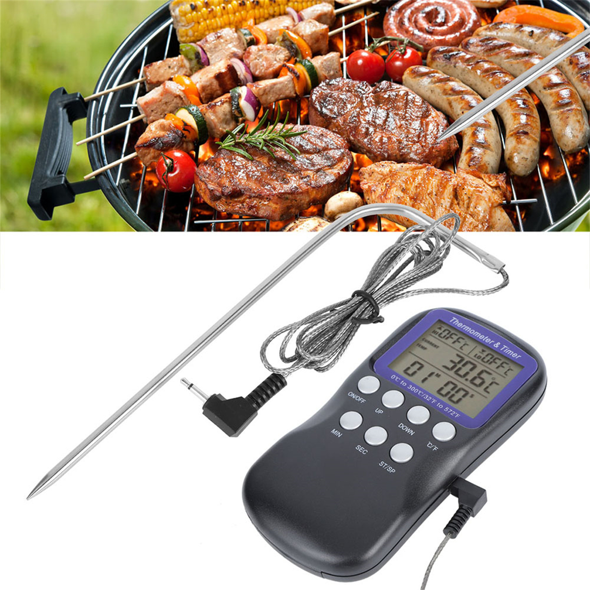 Grill mit Essen, Thermometer, Timer, schwarzer Hintergrund.