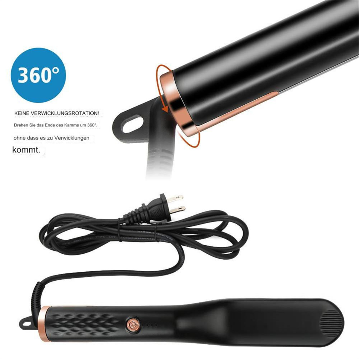Schwarzer Haarglätter mit schwarzem Kabel und Stecker. Der obere Teil dreht sich. Text und ein 360°-Symbol sind sichtbar.
