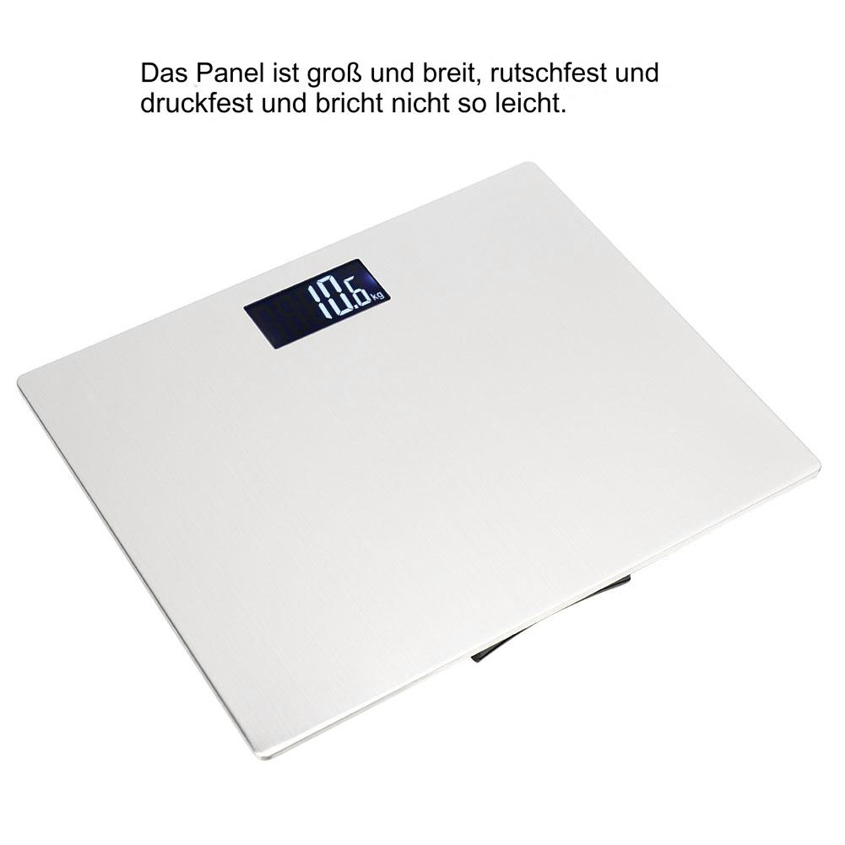 Eine weiße Körperwaage mit digitaler Anzeige, die 10,6 kg anzeigt. Text auf Deutsch auf dem Panel.