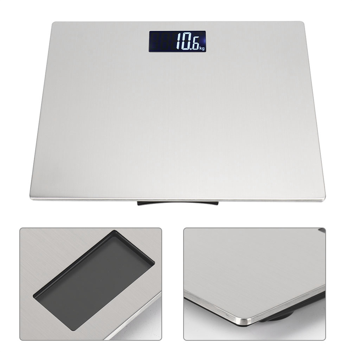 Eine silberne Waage mit 10,6 kg. Nahaufnahmen des Bildschirms und der Ecke der Waage.