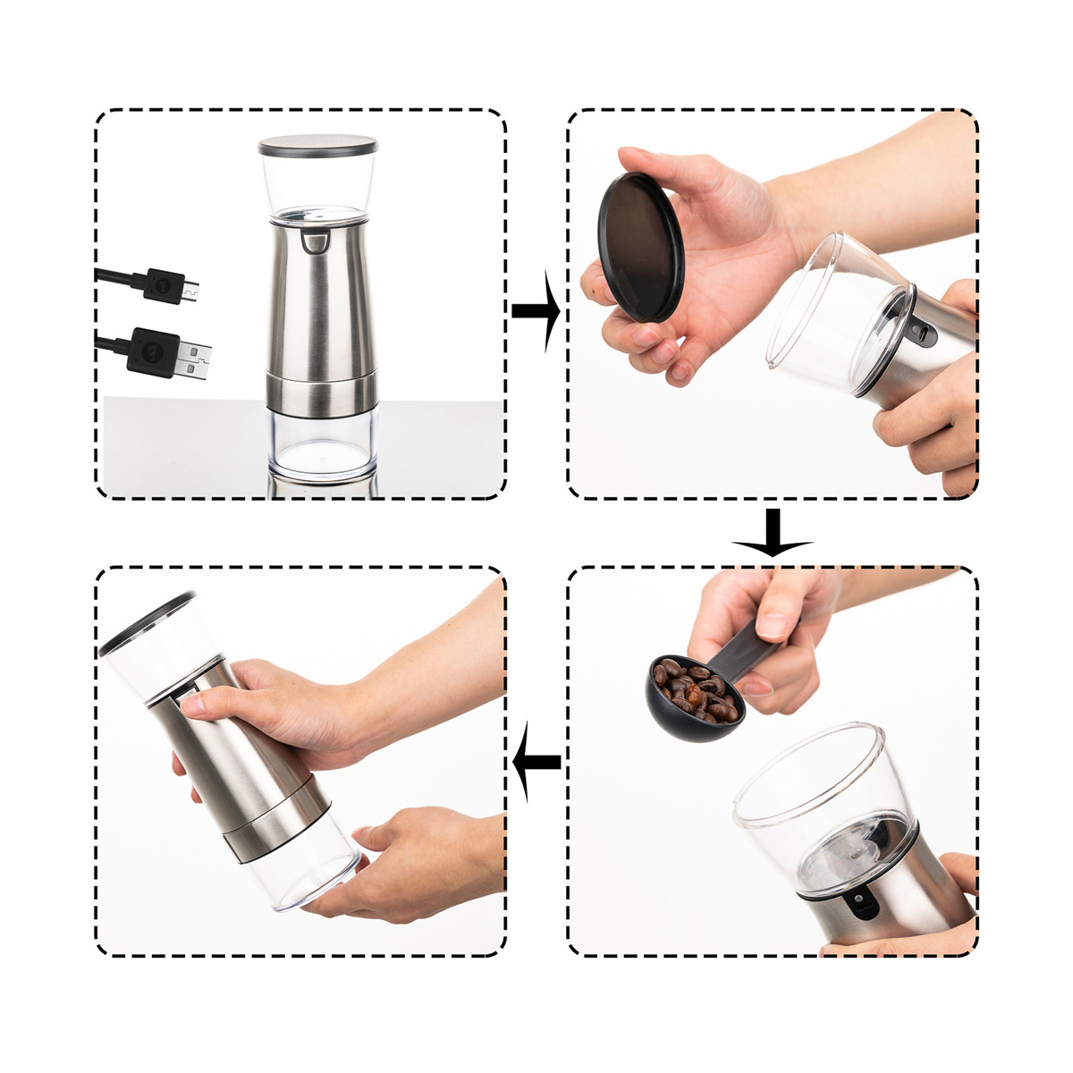 Vier-Panel-Sequenz: Kaffeemühlen-Montage. Zeigt Komponenten und Schritte zur Verwendung.