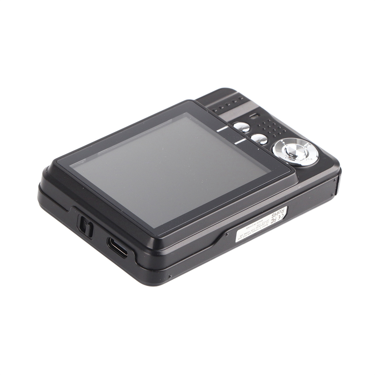 Eine schwarze Digitalkamera mit Bildschirm und Tasten oben. Schräge Ansicht.