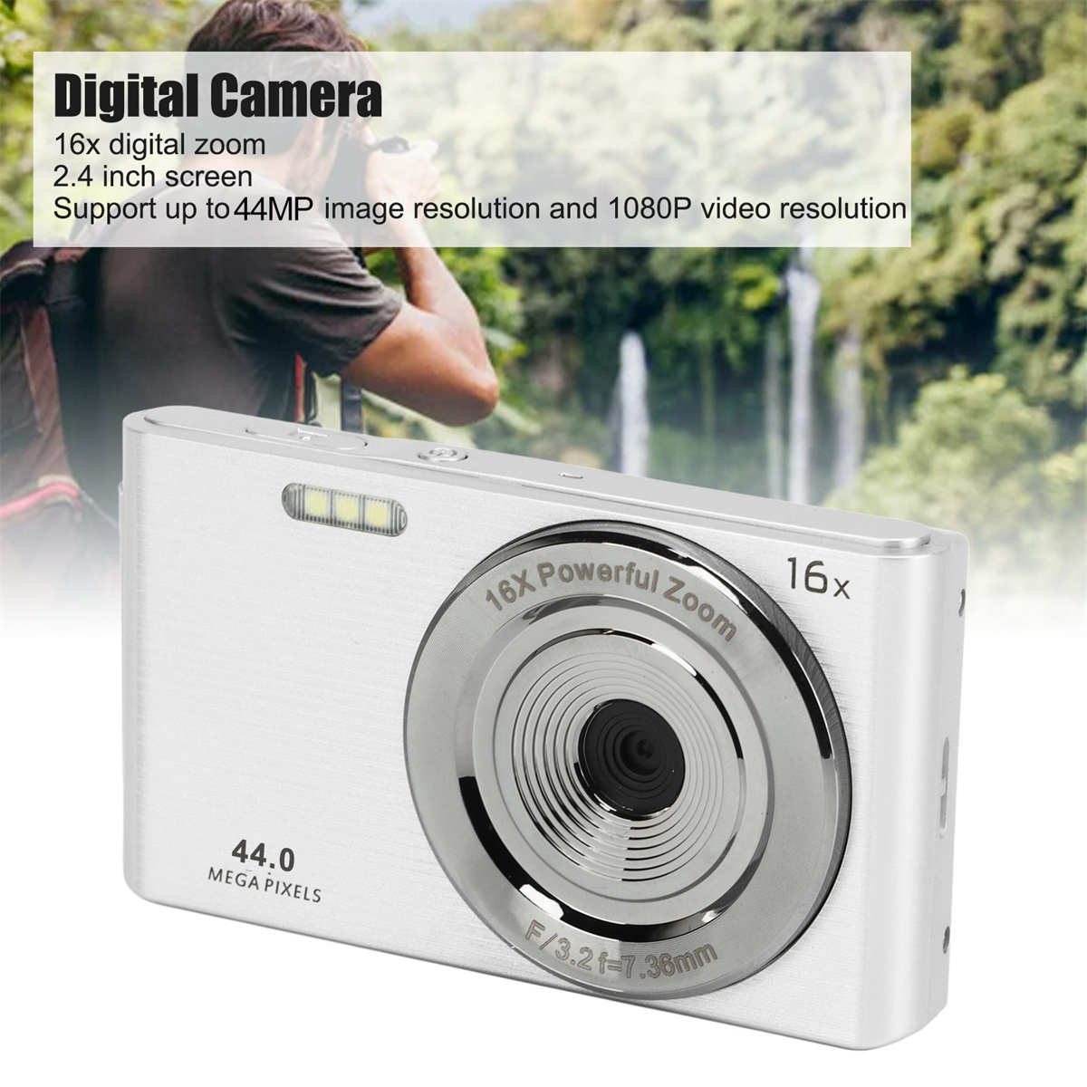 Eine weiße Digitalkamera mit 16-fachem Zoom. Text auf der Kamera zeigt 44,0 MP und 16X Powerful Zoom.