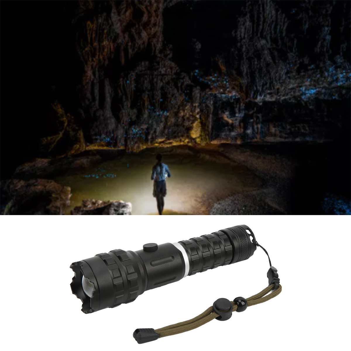 Person in einer Höhle mit Taschenlampe. Dunkle Höhle mit blauen Lichtern.