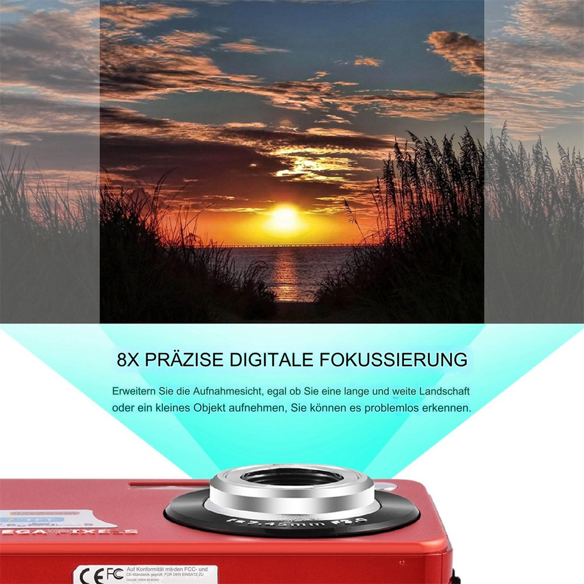 Kamera mit Sonnenuntergang, Meer und Vegetation. Die Kamera ist rot und hat ein Objektiv.
