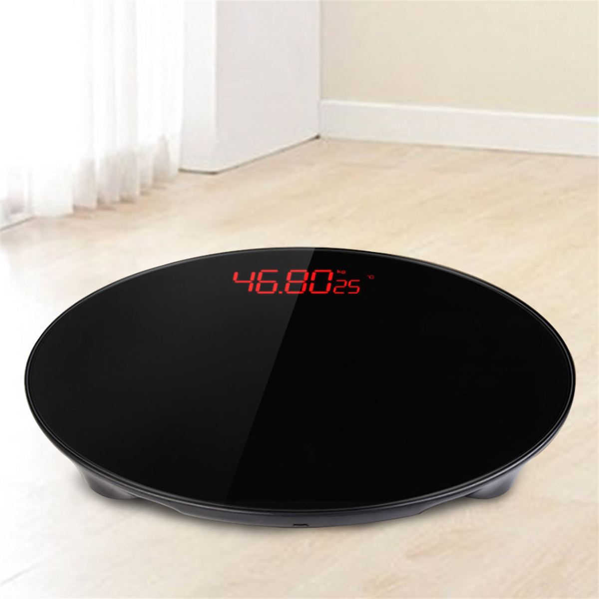 Schwarze digitale Badezimmerwaage mit 46,80 kg.