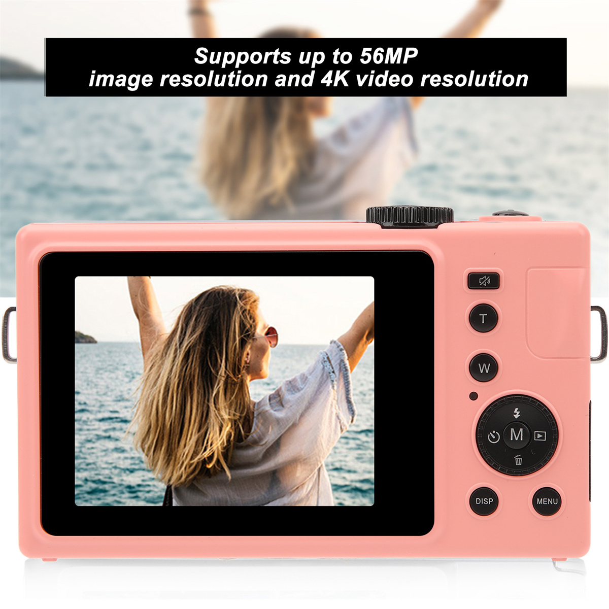 Rosa Digitalkamera, mit einem Foto auf dem Bildschirm. Eine Frau ist auf dem Foto, am Meer.