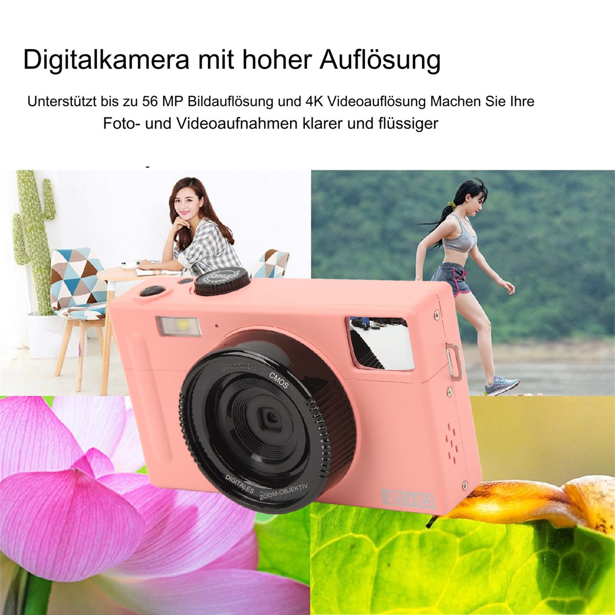 Eine rosa Digitalkamera mit zwei Frauen im Hintergrund, Blumen.