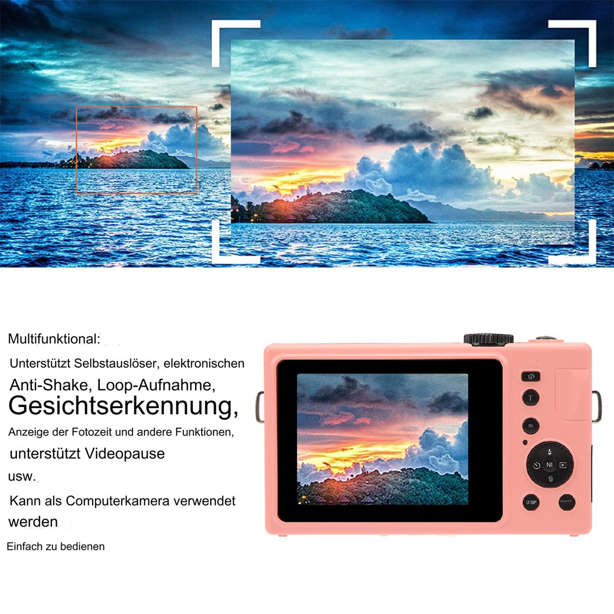 Eine rosa Kamera mit Text und einer Sonnenuntergangsszene im Hintergrund.