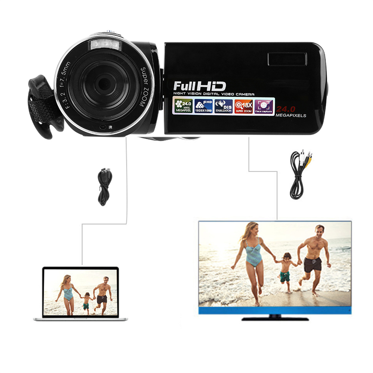 Schwarze Videokamera, angeschlossen an Laptop und Fernsehbildschirm, zeigt Familie am Strand.
