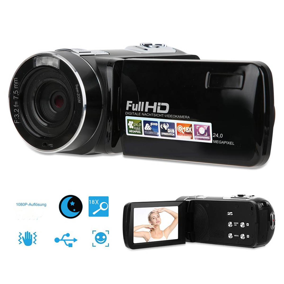 Schwarze Camcorder mit offenem Bildschirm, der eine Frau zeigt, und verschiedene Symbole und Etiketten darauf.