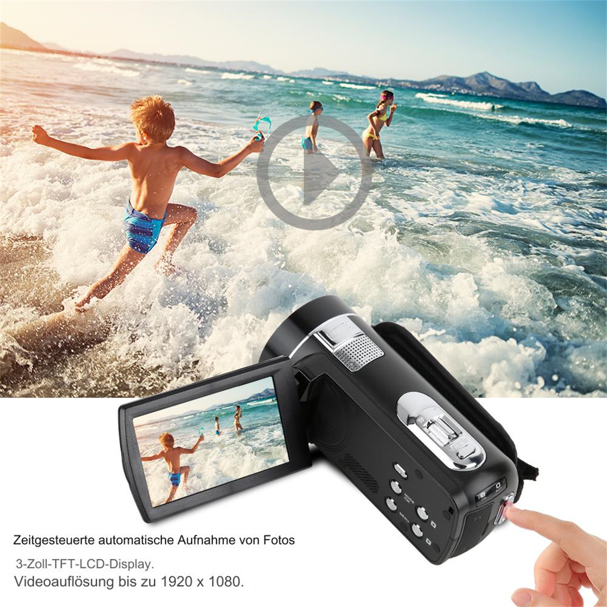 Ein Camcorder zeigt eine Strandszene. Ein Junge rennt ins Wasser. Andere Leute sind im Wasser.