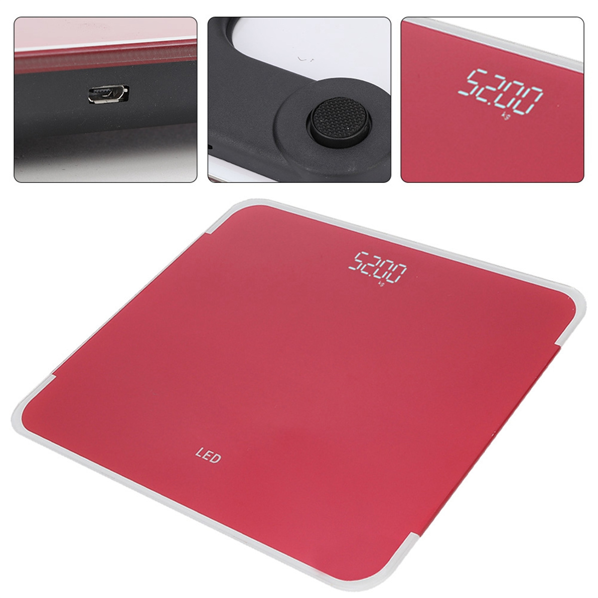 Rote Digitalwaage mit roter Oberfläche. Anzeige zeigt 52,00.
