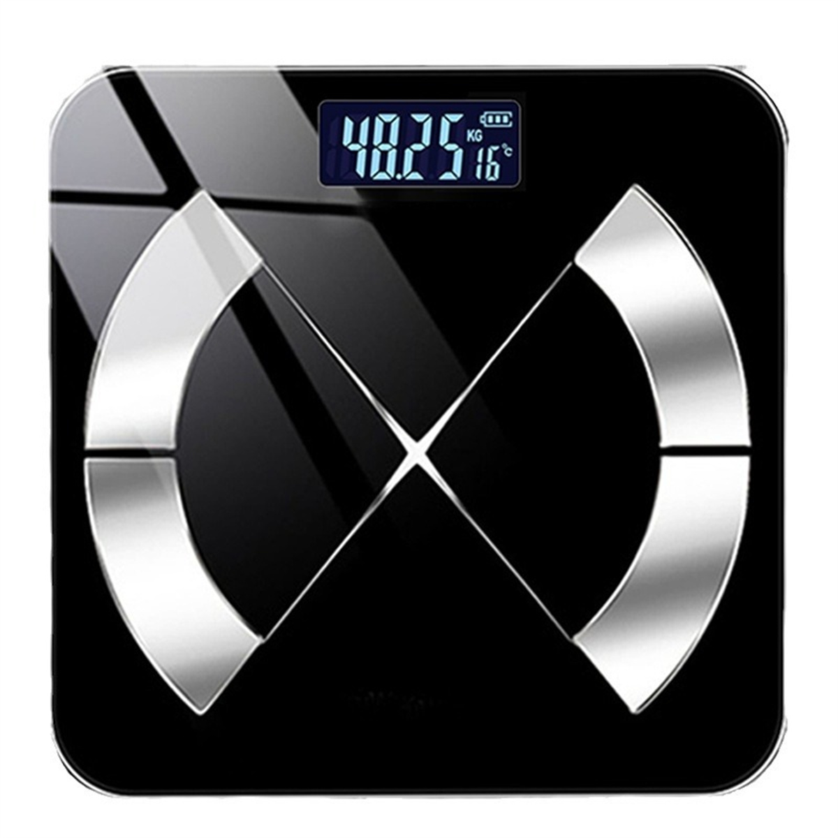 Schwarze digitale Badezimmerwaage. Zeigt das Gewicht als 48,25 kg und die Temperatur an. Silberne gebogene Akzente.