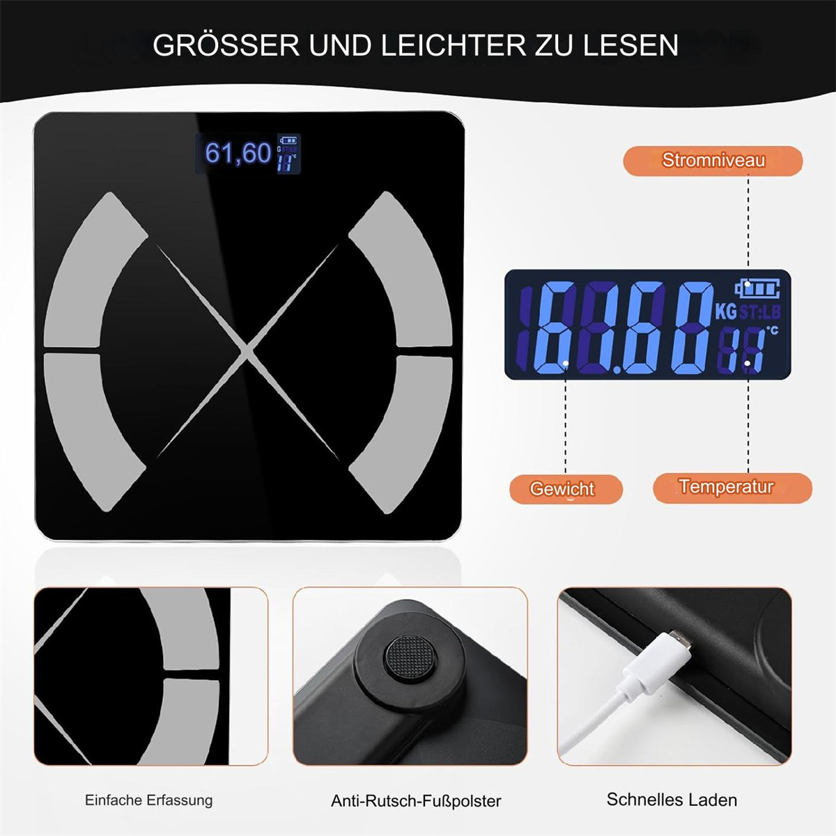 Digitale Waage mit schwarzer Oberfläche. Digitalanzeige zeigt Gewicht und Temperatur. Weißer Hintergrund.