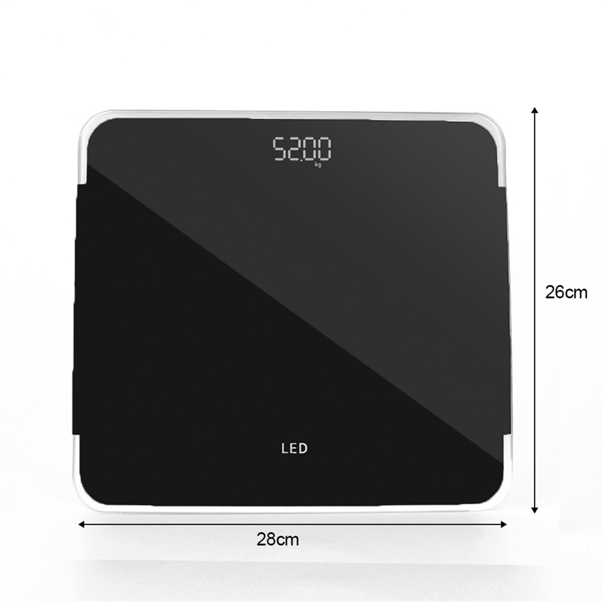 Eine schwarze Digitalwaage mit LED-Anzeige, die 52,00 kg anzeigt. Misst 28cm x 26cm. Weiße Ränder.
