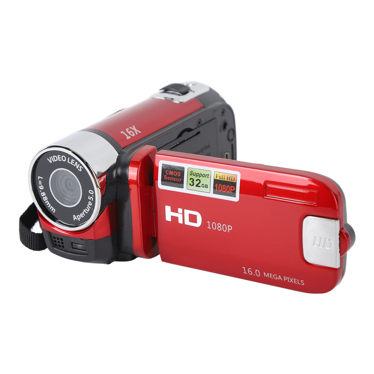Rote Videokamera mit 16-fach Zoom, HD 1080P und offenem LCD-Bildschirm.