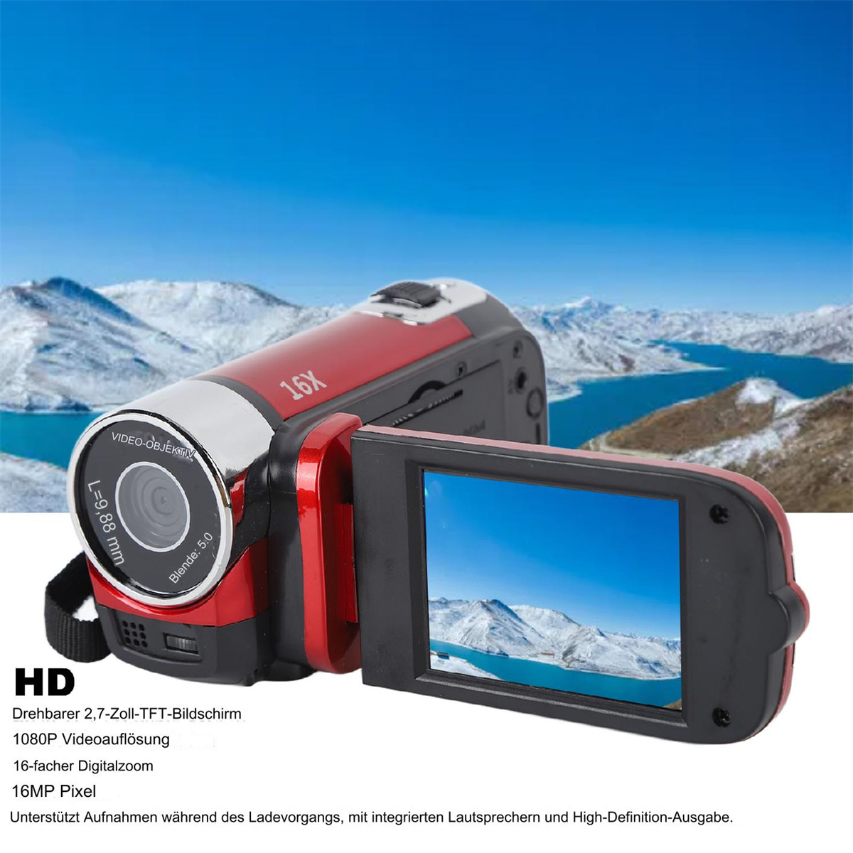 Rote und schwarze Camcorder. Es hat einen geöffneten Bildschirm. Ein Bergsee ist im Hintergrund.