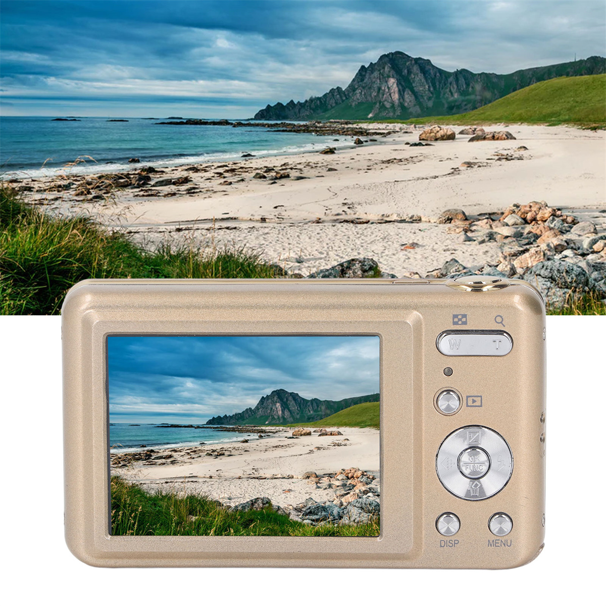 Goldene Digitalkamera, die eine Strandansicht zeigt. Zeigt die Kamera und die Szene, die sie aufnimmt.