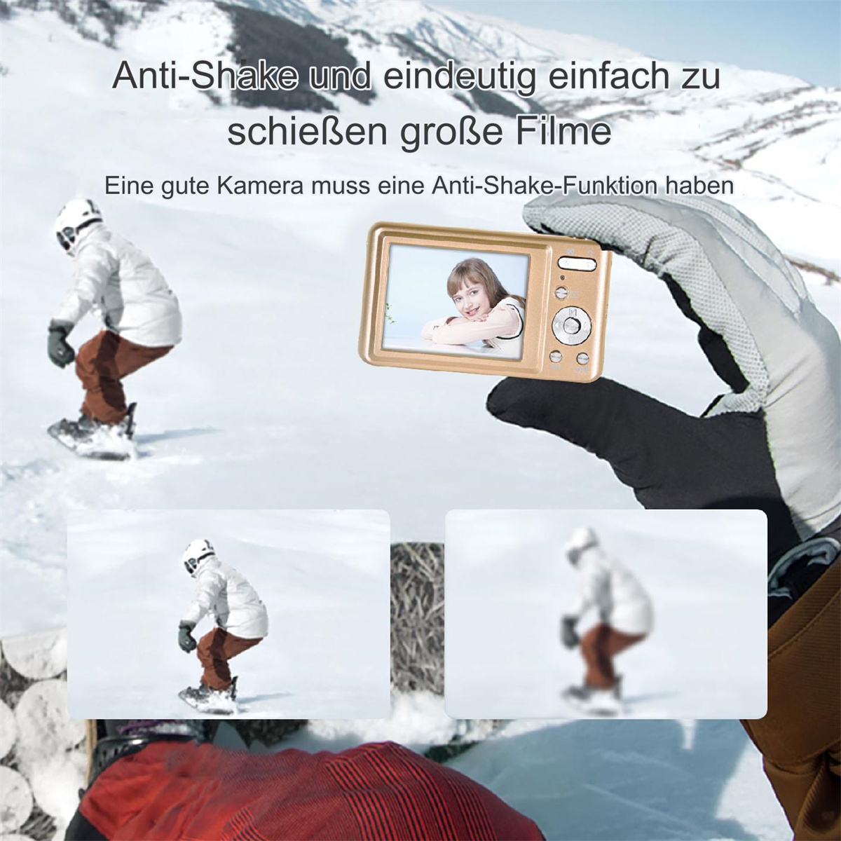 Mann snowboardet mit Kamera, und ein Vergleichsbild.