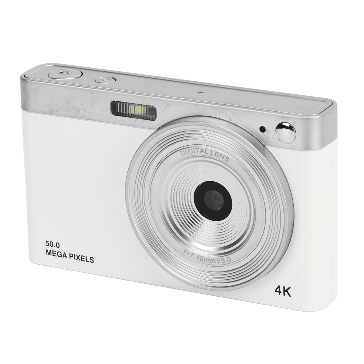 Eine weiße und silberne Digitalkamera. Sie hat ein digitales Objektiv mit 50,0 Megapixeln und 4K-Fähigkeiten.